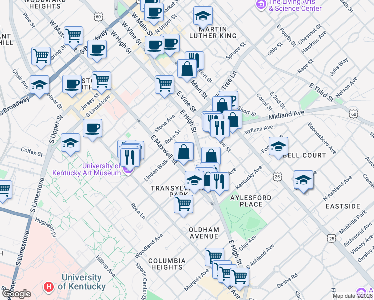 map of restaurants, bars, coffee shops, grocery stores, and more near 212 Rose Street in Lexington