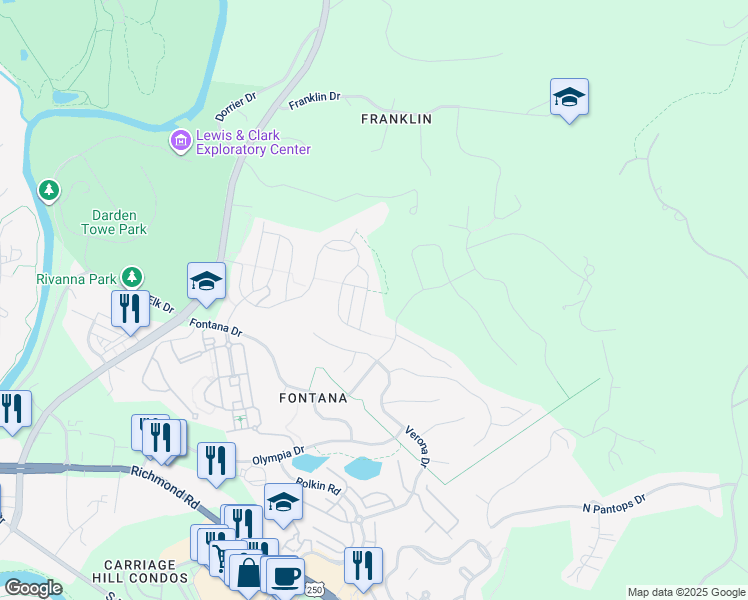 map of restaurants, bars, coffee shops, grocery stores, and more near 1871 Glissade Lane in Charlottesville