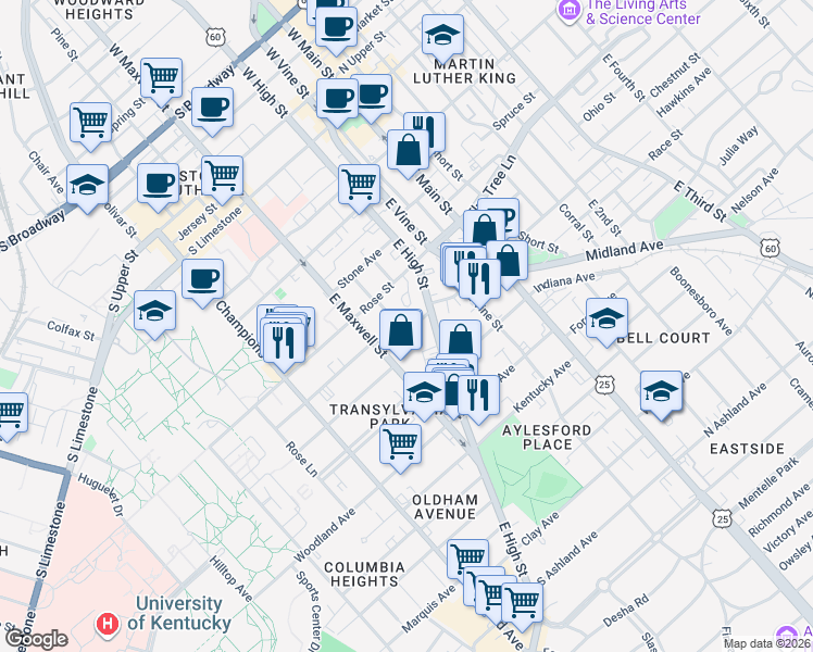 map of restaurants, bars, coffee shops, grocery stores, and more near 212 Rose Street in Lexington