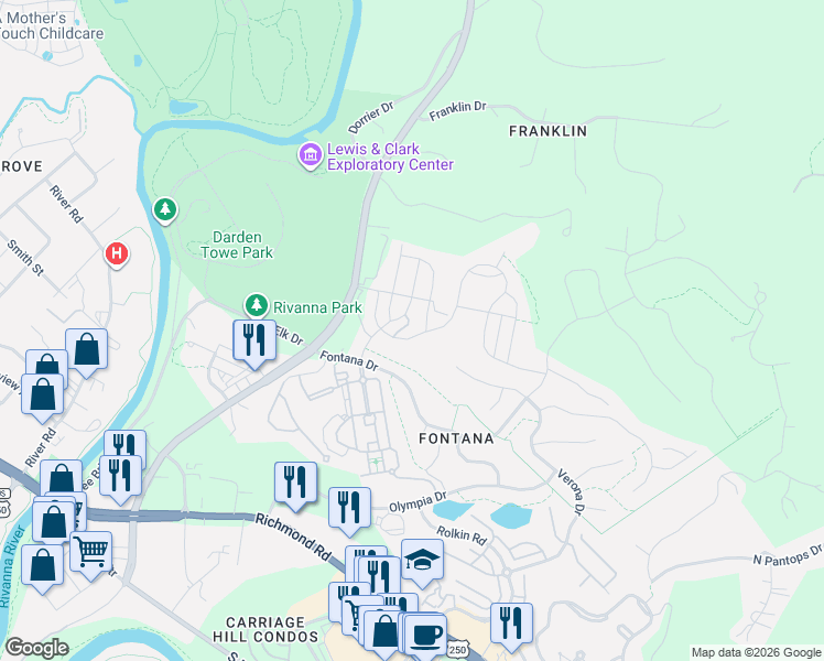 map of restaurants, bars, coffee shops, grocery stores, and more near 1522 Knoll Lane in Charlottesville