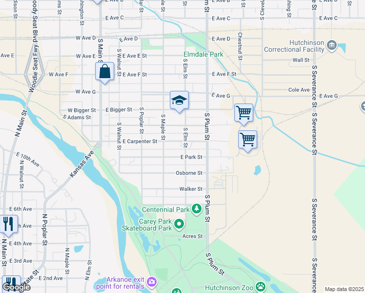 map of restaurants, bars, coffee shops, grocery stores, and more near 327 East Carpenter Street in Hutchinson