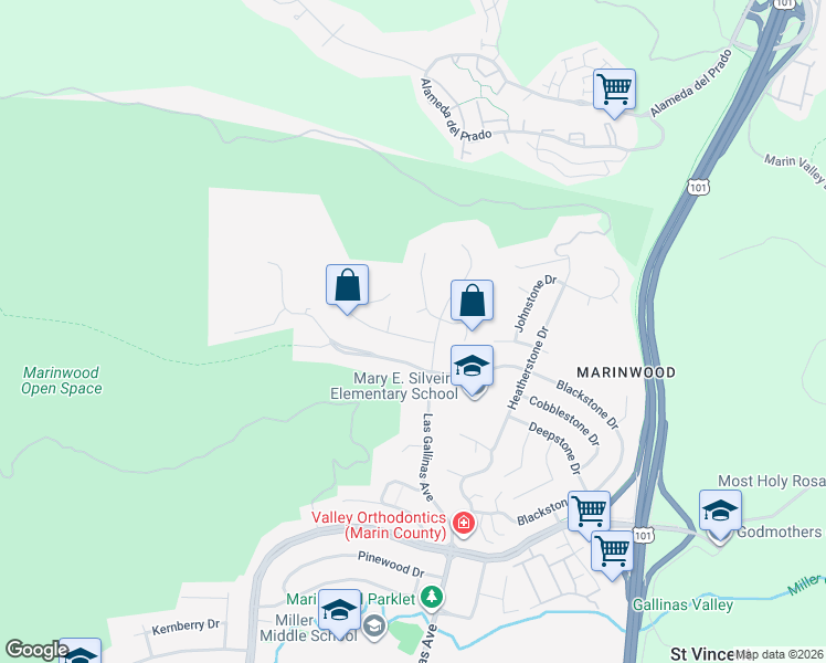 map of restaurants, bars, coffee shops, grocery stores, and more near 7 Rhinestone Terrace in San Rafael