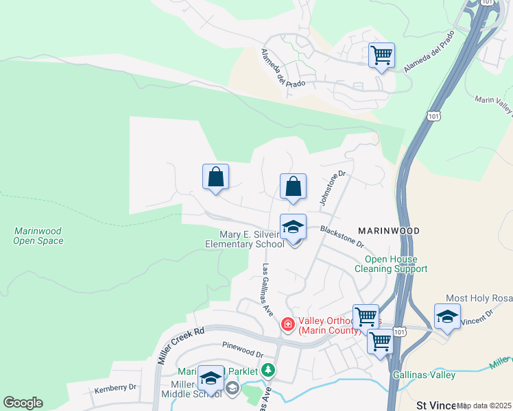 map of restaurants, bars, coffee shops, grocery stores, and more near 7 Rhinestone Terrace in San Rafael