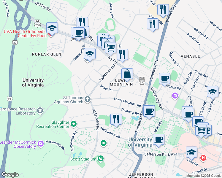 map of restaurants, bars, coffee shops, grocery stores, and more near 123 Cameron Lane in Charlottesville
