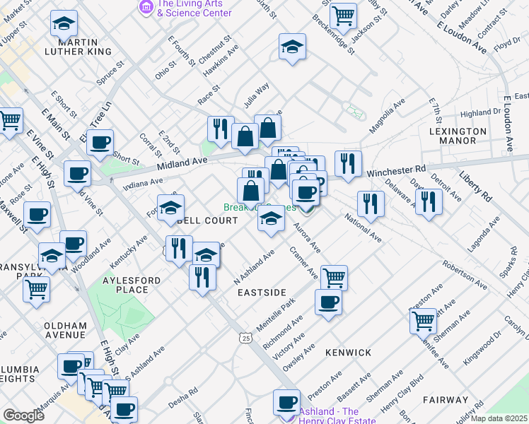 map of restaurants, bars, coffee shops, grocery stores, and more near 219 Walton Avenue in Lexington