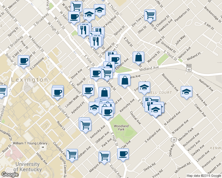 map of restaurants, bars, coffee shops, grocery stores, and more near 434 Old Vine Street in Lexington