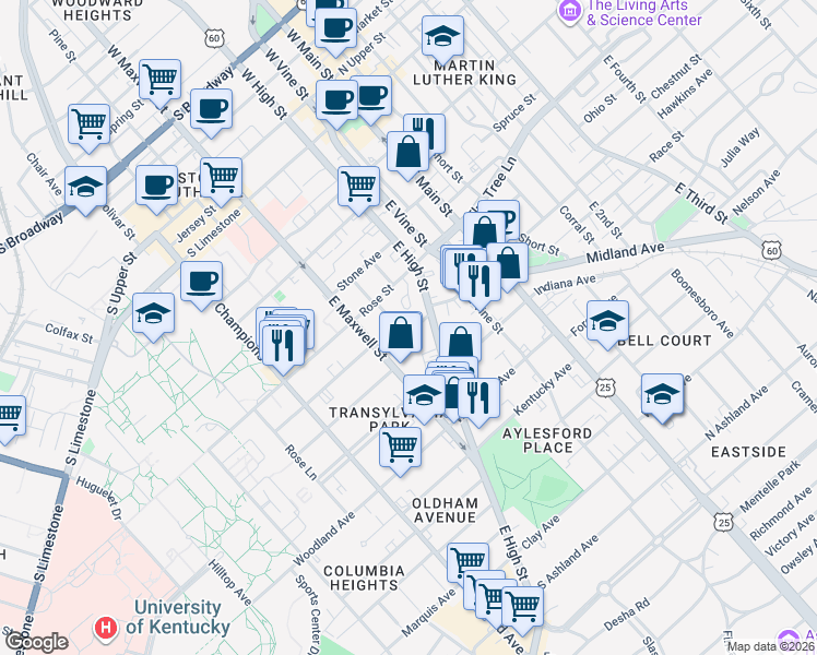 map of restaurants, bars, coffee shops, grocery stores, and more near 212 Rose Street in Lexington