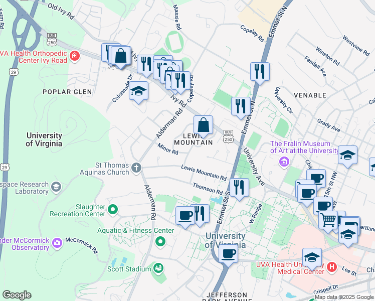 map of restaurants, bars, coffee shops, grocery stores, and more near 131 Cameron Lane in Charlottesville