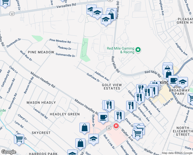 map of restaurants, bars, coffee shops, grocery stores, and more near 643 Golfview Drive in Lexington