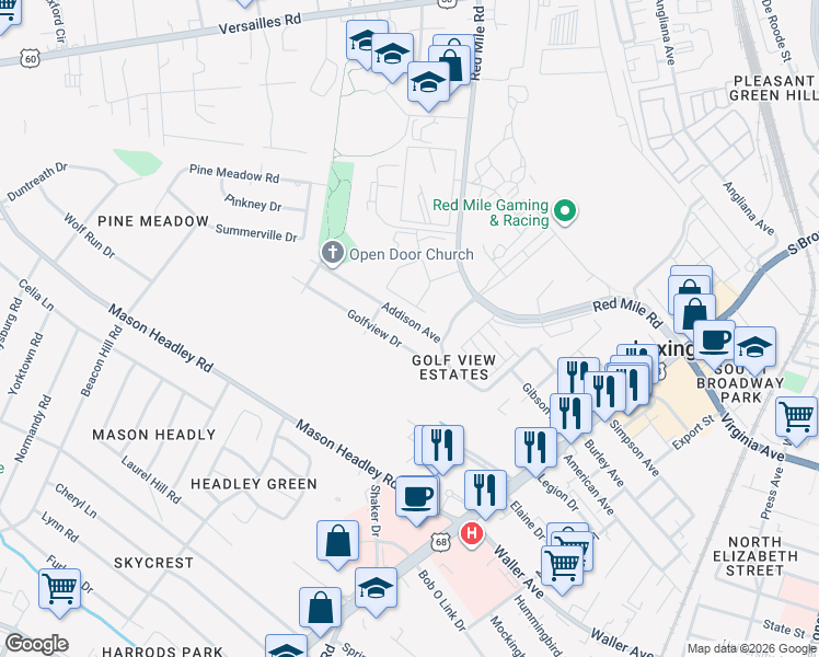 map of restaurants, bars, coffee shops, grocery stores, and more near 624 Addison Avenue in Lexington