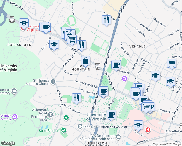 map of restaurants, bars, coffee shops, grocery stores, and more near 209 Sprigg Lane in Charlottesville