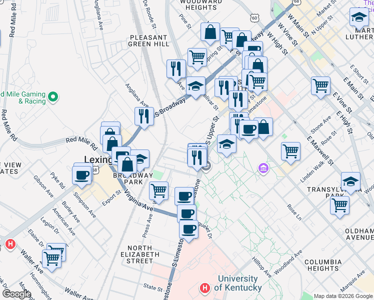 map of restaurants, bars, coffee shops, grocery stores, and more near 151 Colfax Street in Lexington