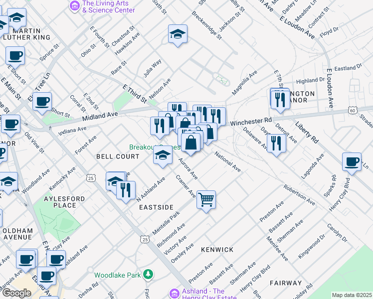 map of restaurants, bars, coffee shops, grocery stores, and more near 730 National Avenue in Lexington