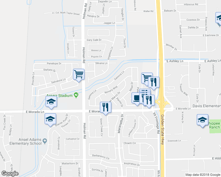map of restaurants, bars, coffee shops, grocery stores, and more near 3731 Novara Way in Stockton