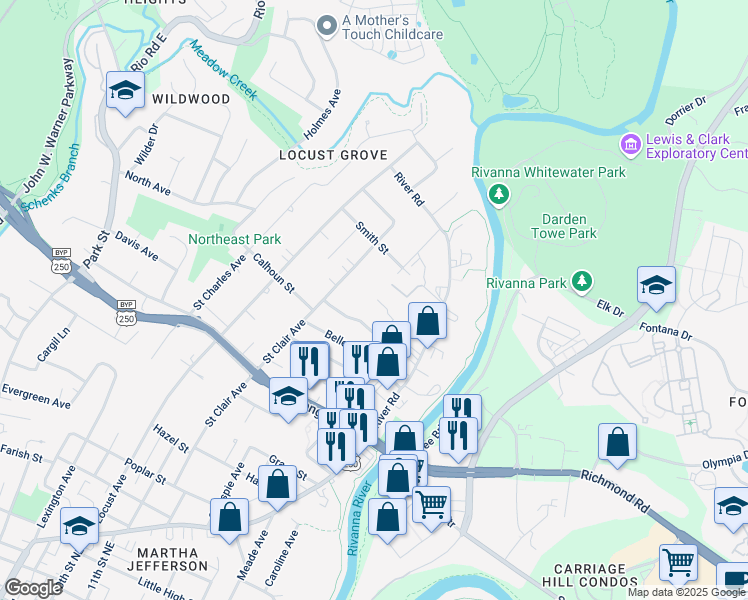 map of restaurants, bars, coffee shops, grocery stores, and more near 1226 Coleman Street in Charlottesville