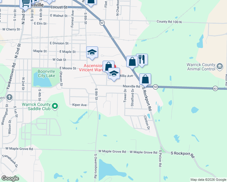 map of restaurants, bars, coffee shops, grocery stores, and more near 877 Maxville Road in Boonville