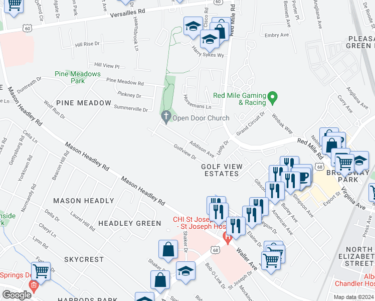 map of restaurants, bars, coffee shops, grocery stores, and more near 647 Golfview Drive in Lexington