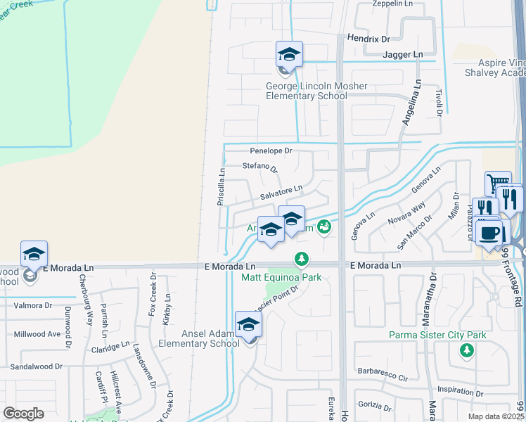 map of restaurants, bars, coffee shops, grocery stores, and more near 3114 Nicoletta Lane in Stockton