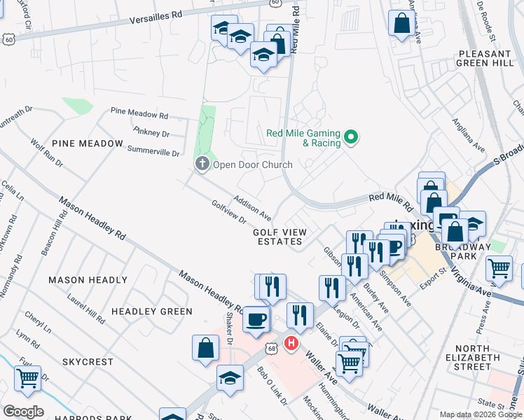 map of restaurants, bars, coffee shops, grocery stores, and more near 1151 Unity Drive in Lexington