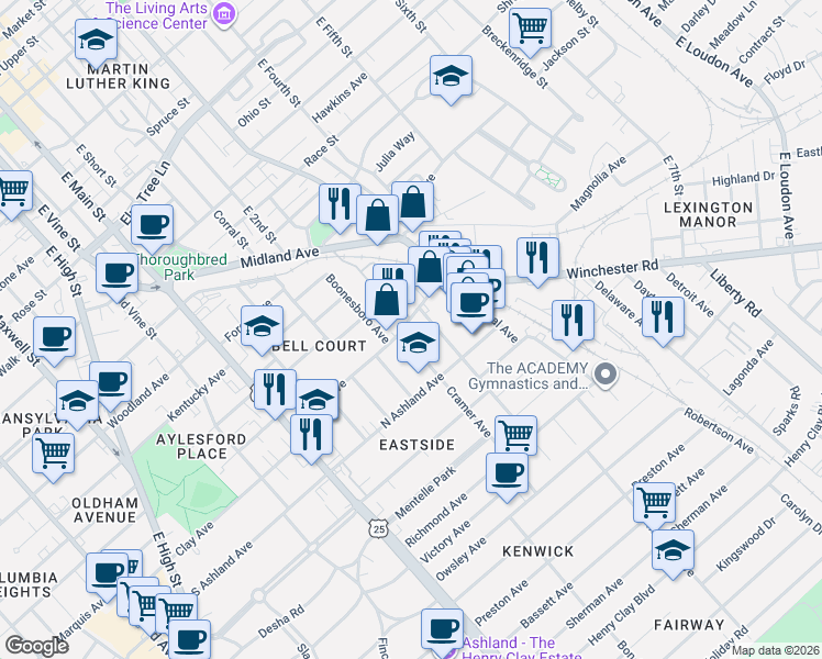 map of restaurants, bars, coffee shops, grocery stores, and more near 218 Walton Avenue in Lexington