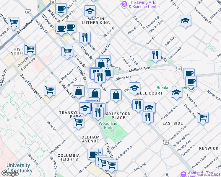 map of restaurants, bars, coffee shops, grocery stores, and more near 460 East Main Street in Lexington