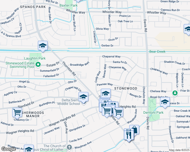 map of restaurants, bars, coffee shops, grocery stores, and more near 9649 Cody Way in Stockton