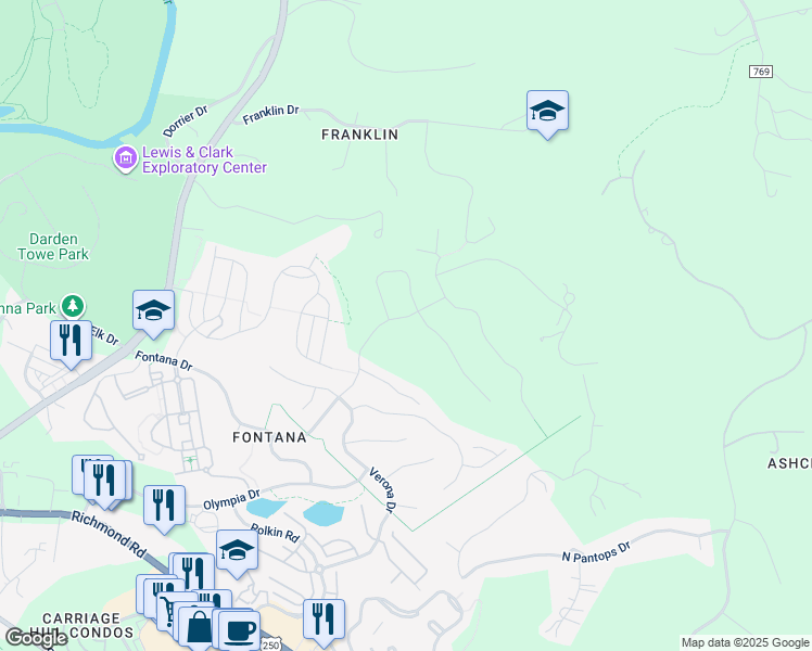 map of restaurants, bars, coffee shops, grocery stores, and more near 688 Fontana Drive in Charlottesville