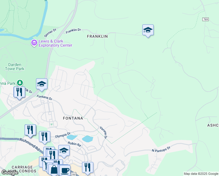 map of restaurants, bars, coffee shops, grocery stores, and more near 688 Fontana Drive in Charlottesville