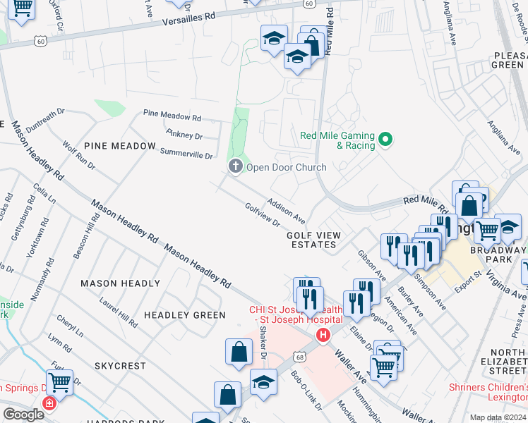 map of restaurants, bars, coffee shops, grocery stores, and more near 649 Golfview Drive in Lexington