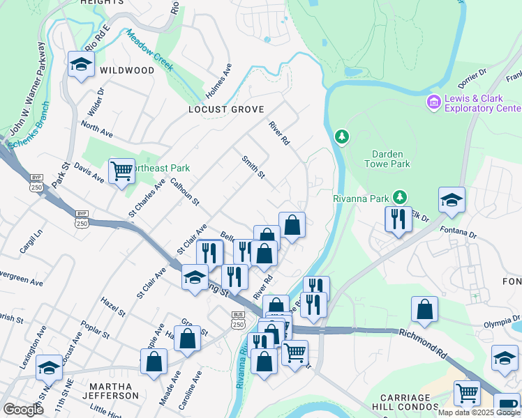 map of restaurants, bars, coffee shops, grocery stores, and more near 1226 Coleman Street in Charlottesville