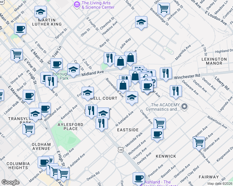 map of restaurants, bars, coffee shops, grocery stores, and more near 617 Boonesboro Avenue in Lexington
