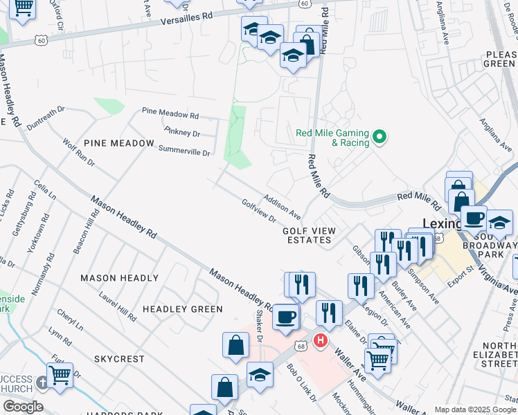 map of restaurants, bars, coffee shops, grocery stores, and more near 707 Golfview Drive in Lexington