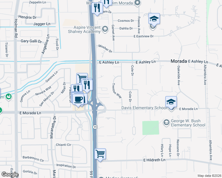 map of restaurants, bars, coffee shops, grocery stores, and more near 9564 Trenton Way in Stockton