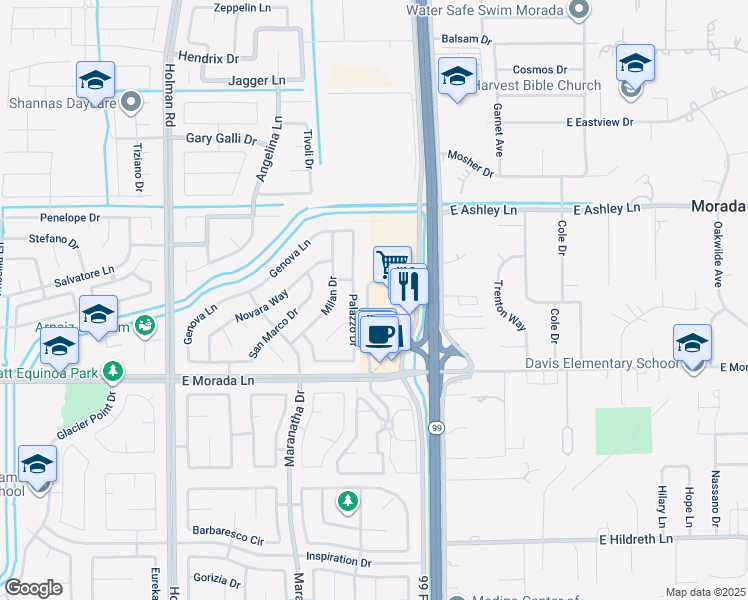 map of restaurants, bars, coffee shops, grocery stores, and more near 9716 Palazzo Drive in Stockton