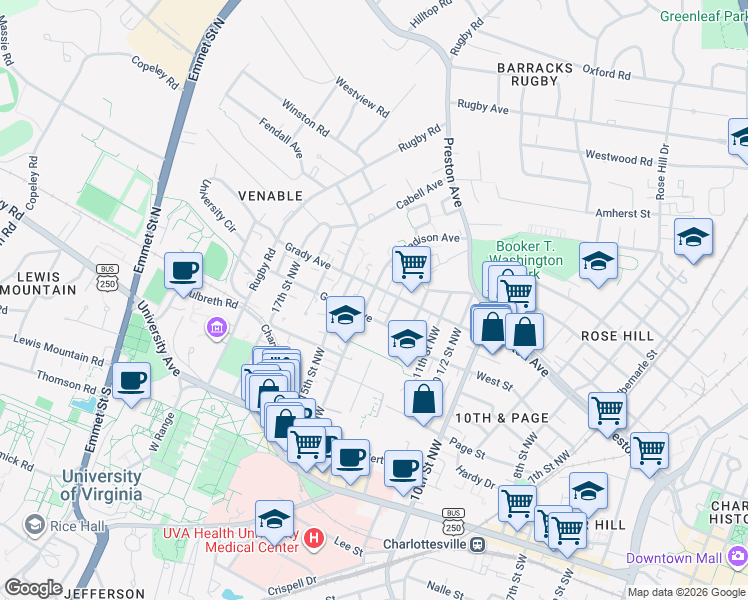map of restaurants, bars, coffee shops, grocery stores, and more near in Charlottesville