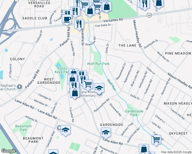 map of restaurants, bars, coffee shops, grocery stores, and more near 1043 Cross Keys Road in Lexington