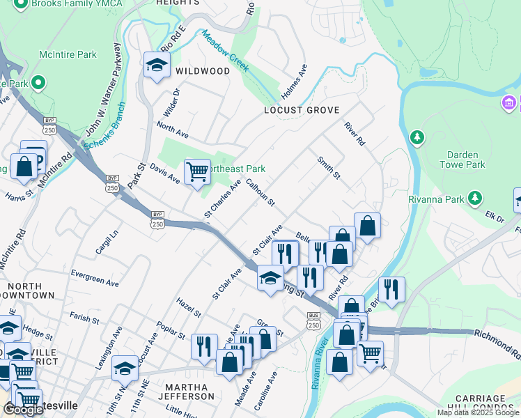 map of restaurants, bars, coffee shops, grocery stores, and more near 960 Locust Avenue in Charlottesville