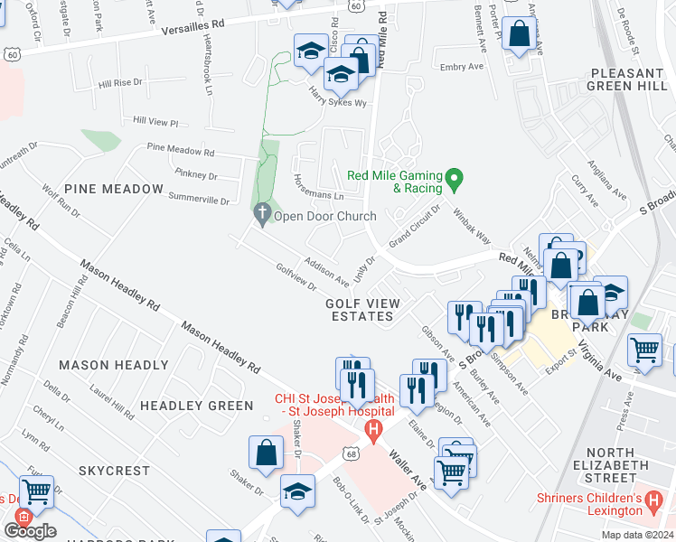 map of restaurants, bars, coffee shops, grocery stores, and more near 611 Addison Avenue in Lexington