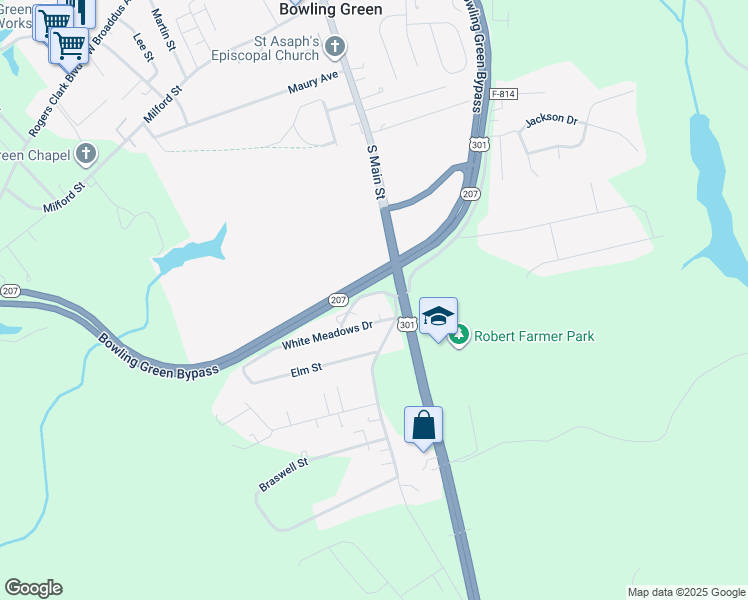 map of restaurants, bars, coffee shops, grocery stores, and more near 17202 Mulberry Lane in Bowling Green