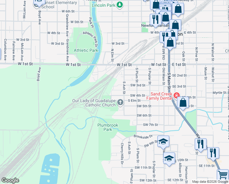 map of restaurants, bars, coffee shops, grocery stores, and more near 400B Southwest 4th Street in Newton