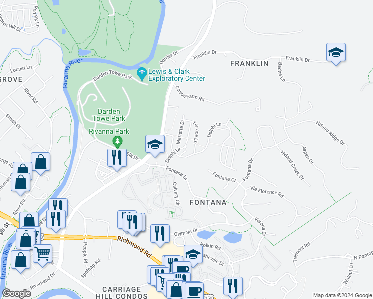 map of restaurants, bars, coffee shops, grocery stores, and more near 1522 Knoll Lane in Charlottesville