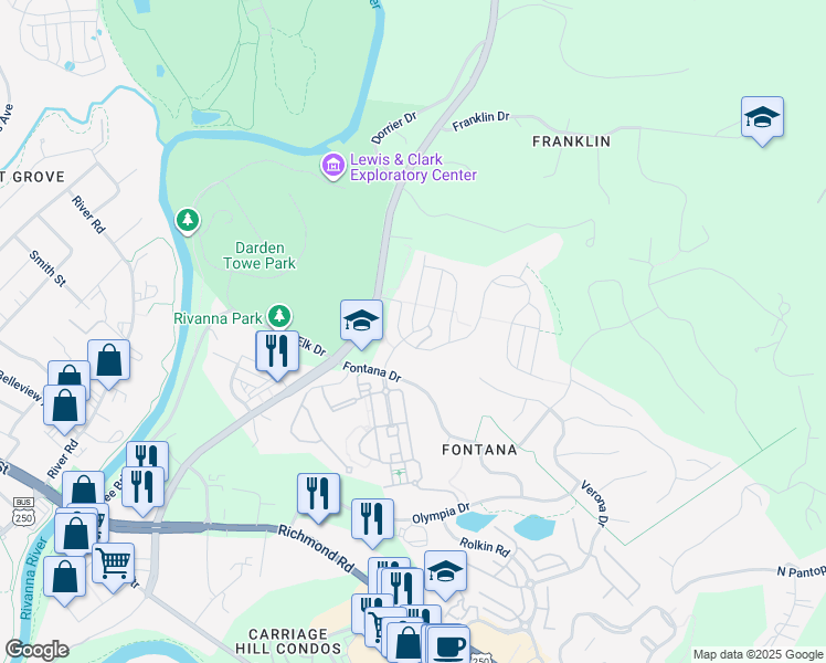 map of restaurants, bars, coffee shops, grocery stores, and more near 1801 Marietta Drive in Charlottesville