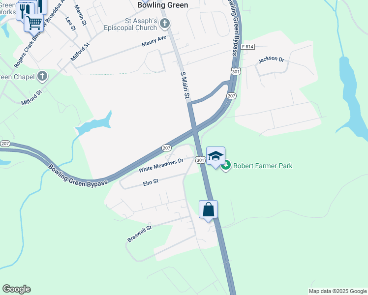 map of restaurants, bars, coffee shops, grocery stores, and more near 17202 Mulberry Lane in Bowling Green
