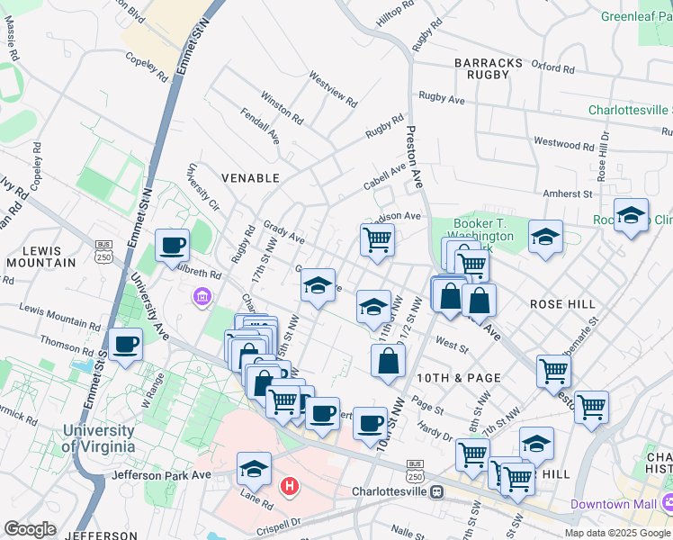 map of restaurants, bars, coffee shops, grocery stores, and more near 519 14th Street Northwest in Charlottesville