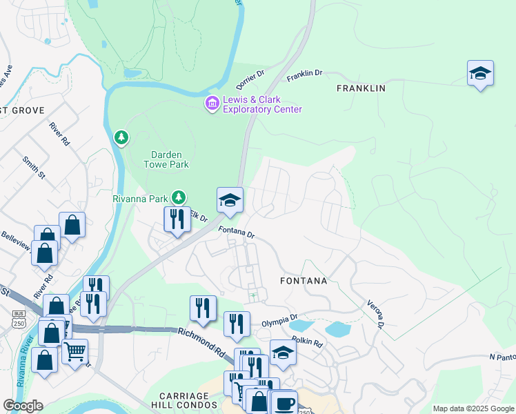 map of restaurants, bars, coffee shops, grocery stores, and more near 1801 Marietta Drive in Charlottesville