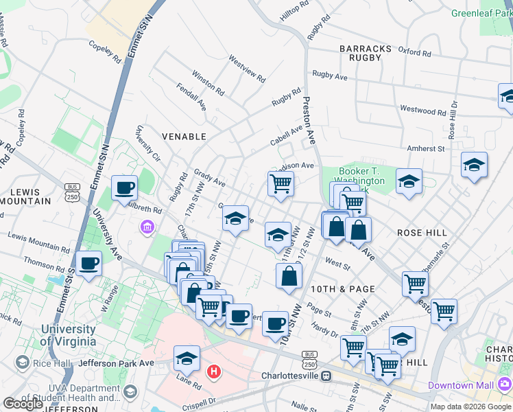 map of restaurants, bars, coffee shops, grocery stores, and more near in Charlottesville
