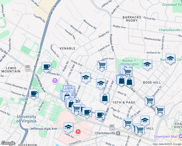 map of restaurants, bars, coffee shops, grocery stores, and more near in Charlottesville