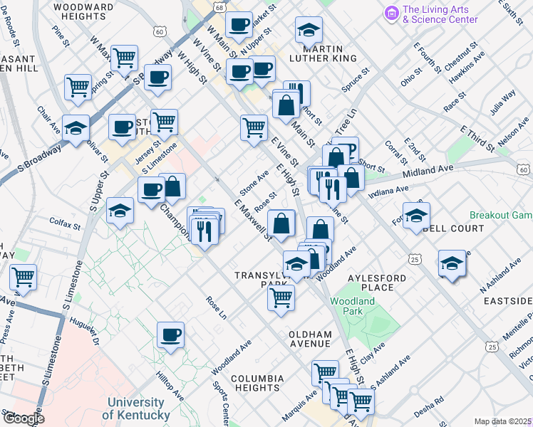 map of restaurants, bars, coffee shops, grocery stores, and more near 270 Rose Street in Lexington