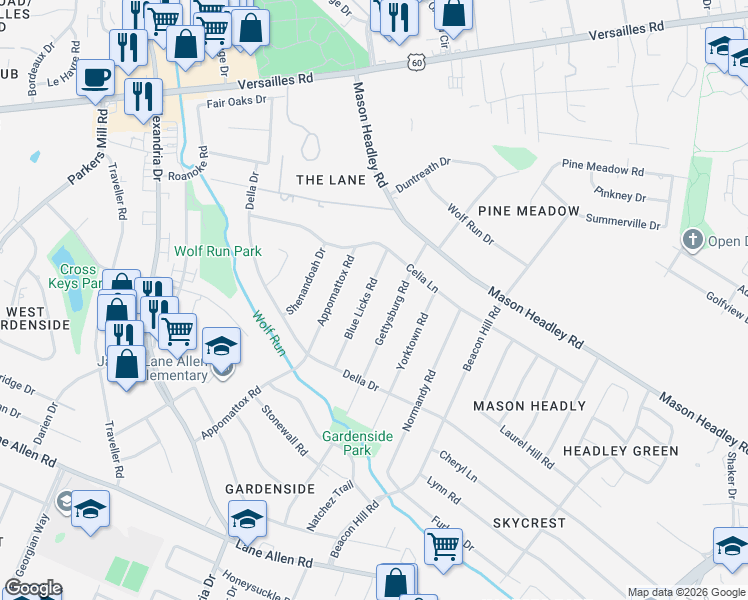 map of restaurants, bars, coffee shops, grocery stores, and more near 1729 Blue Licks Road in Lexington