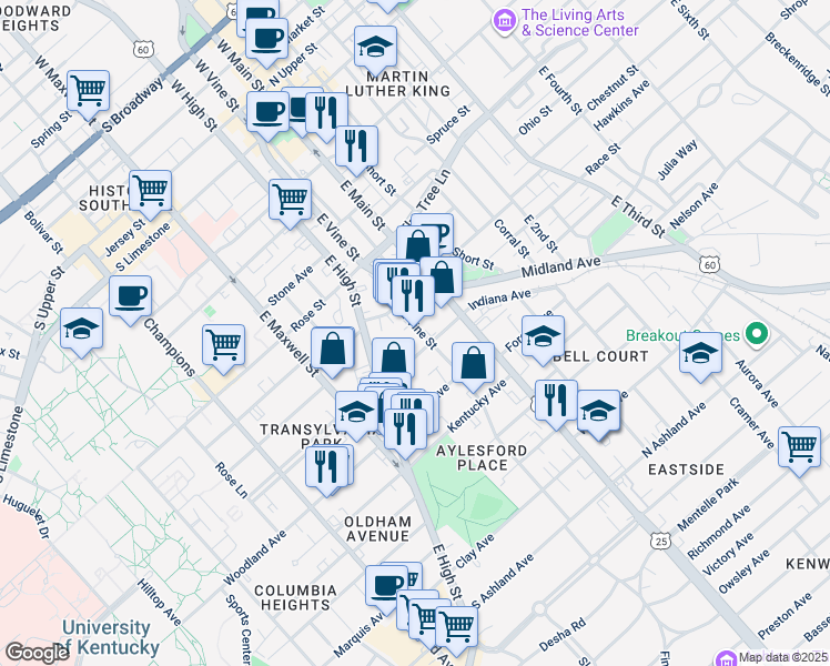 map of restaurants, bars, coffee shops, grocery stores, and more near 434 Old Vine Street in Lexington